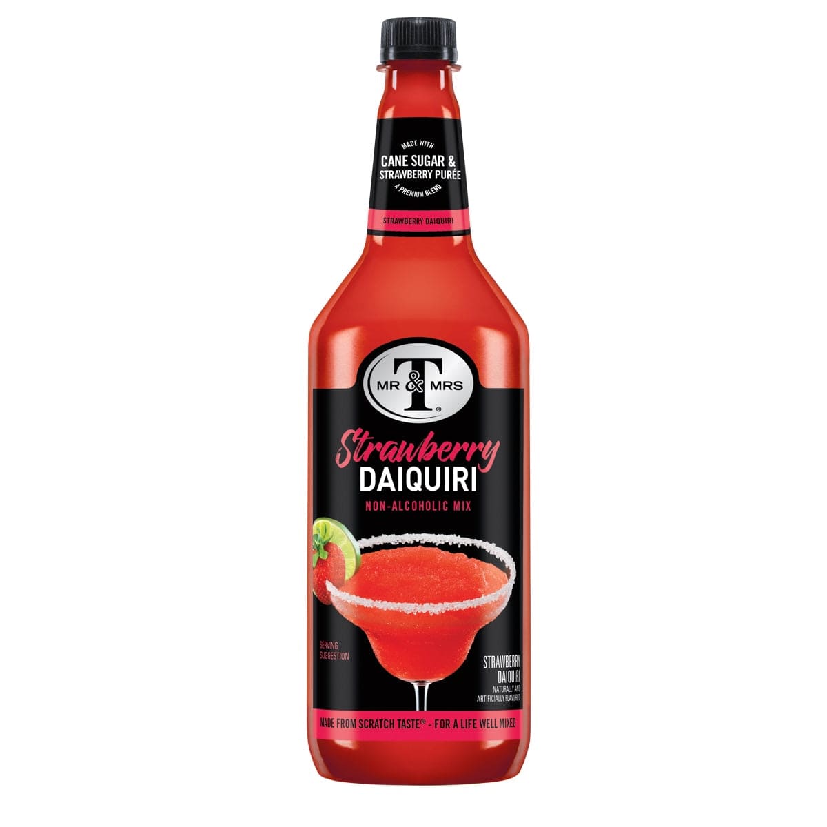 Mr & Mrs T Strawberry Daiquiri Mix – klassisk cocktailmixer med jordbærsmag i klar flaske, perfekt til frosne drinks og sommercocktails.