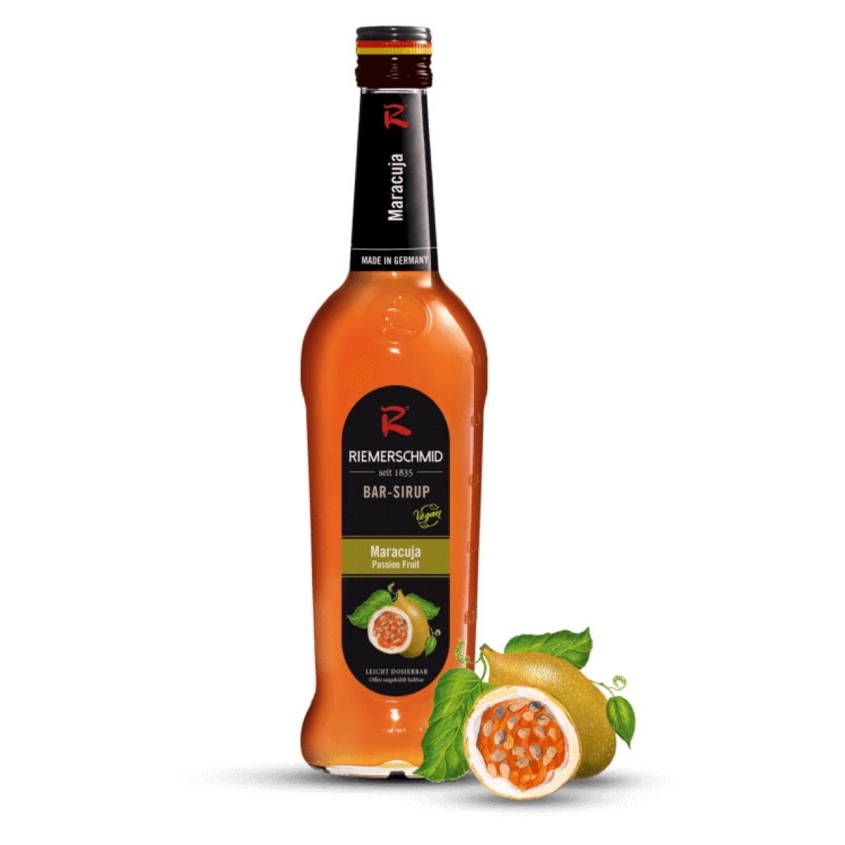 Riemerschmid Passionsfrugt Sirup – eksotisk sirup med smag af passionsfrugt, ideel til drinks, mocktails og desserter.