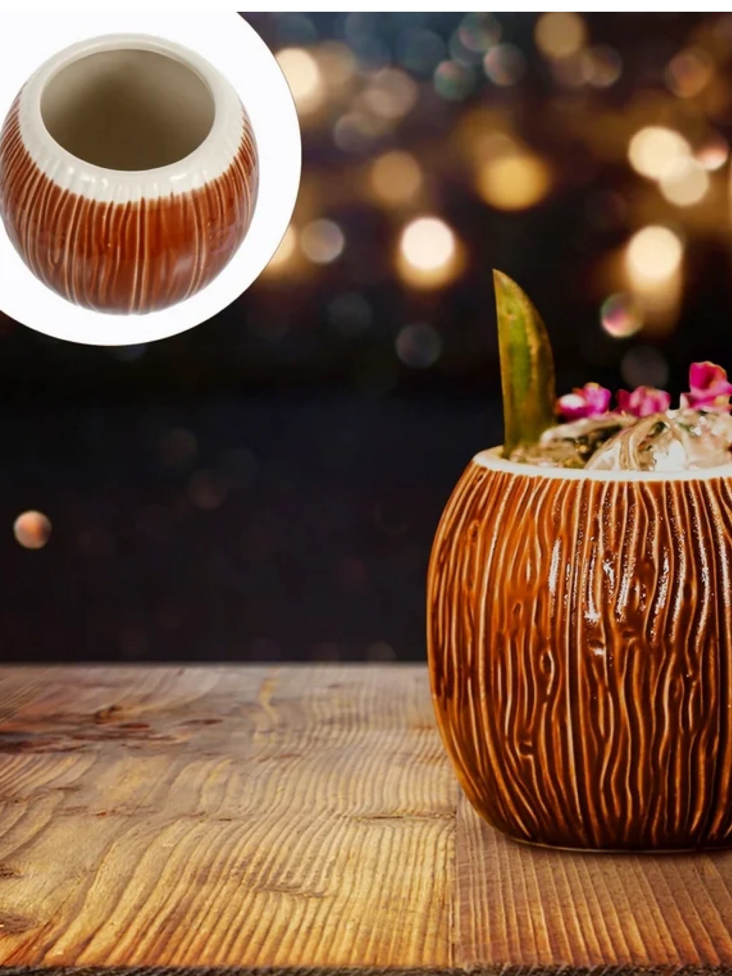 Tiki-Becher in Form einer Kokosnuss mit einem Fassungsvermögen von 500 ml - perfekt für tropische Getränke.