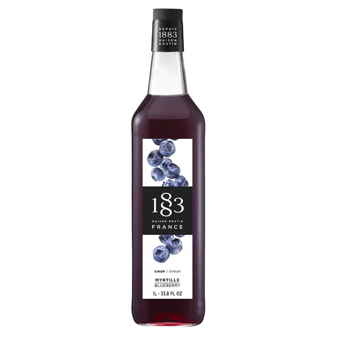 1883 Blueberry Sirup – elegant flaske med blåbærillustration, ideel til cocktails, mocktails og desserter.