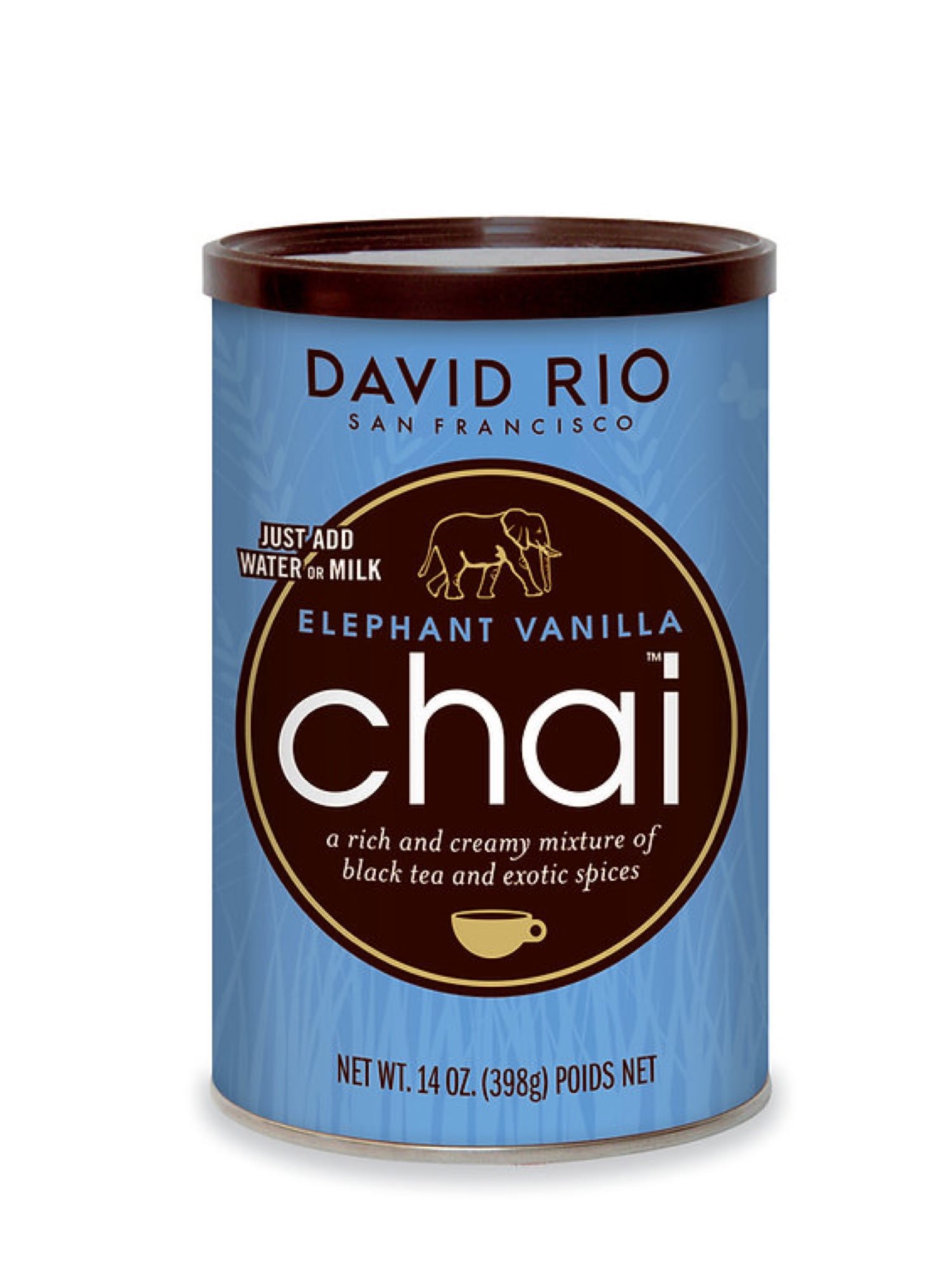 David Rio Elephant Vanilla Chai 398g - en krydret og sød chai-blanding med vaniljesmag
