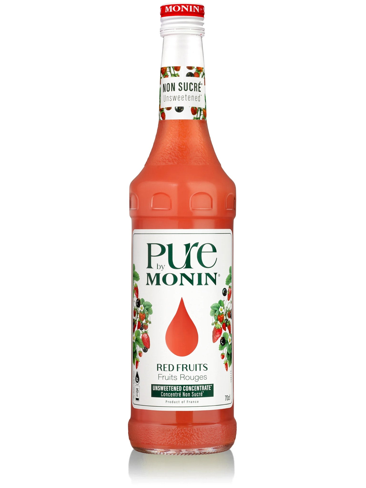 Monin Puré Red Fruit Concentrate uden tilsat sukker, perfekt til at tilføje en naturlig bærsmag til dine drikke.