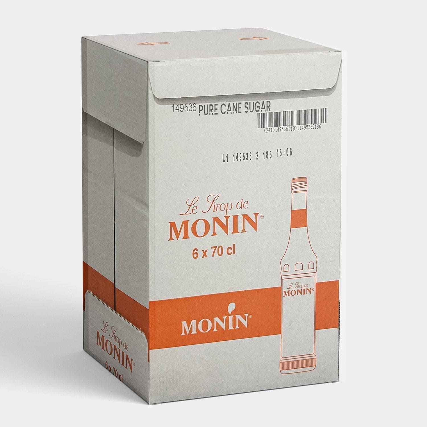 Monin Sugarcane Sirup flaske i kasse, naturlig sukkerrørsirup til cocktails og drinks