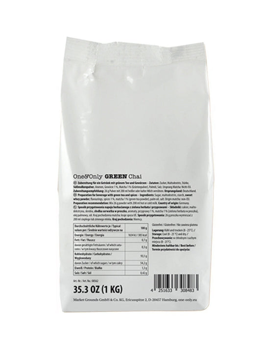 Burk med One & Only Green Chai – grön matcha chai-blandning med indiska kryddor som kanel, kardemumma, fänkål och anis.