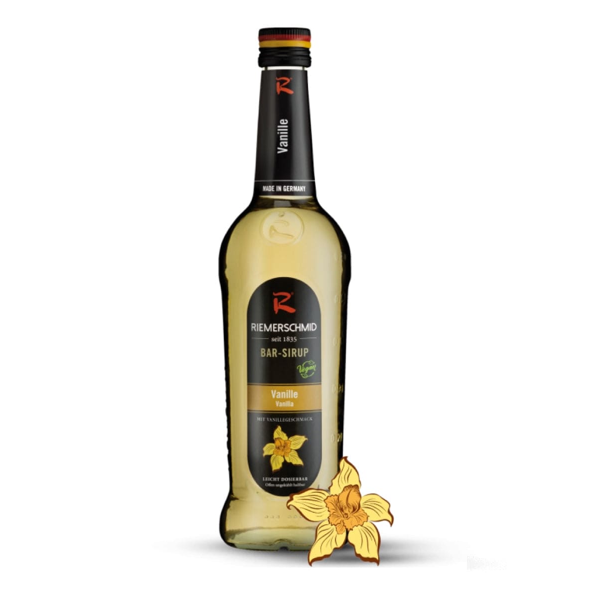 Riemerschmid Vaniljesirup – aromatisk vaniljesirup i elegant flaske, ideel til kaffe, desserter og cocktails.
