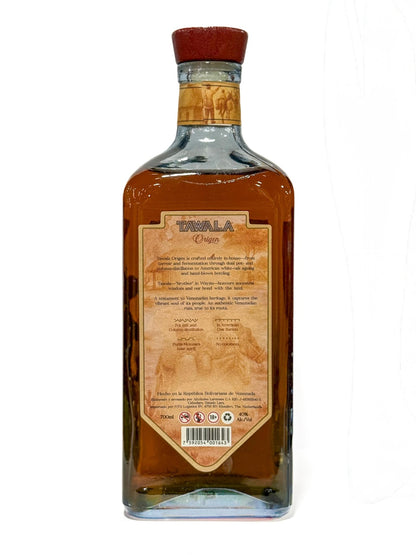 Bagsideetiket på Tawala Origen rom 70 cl, 40 procent