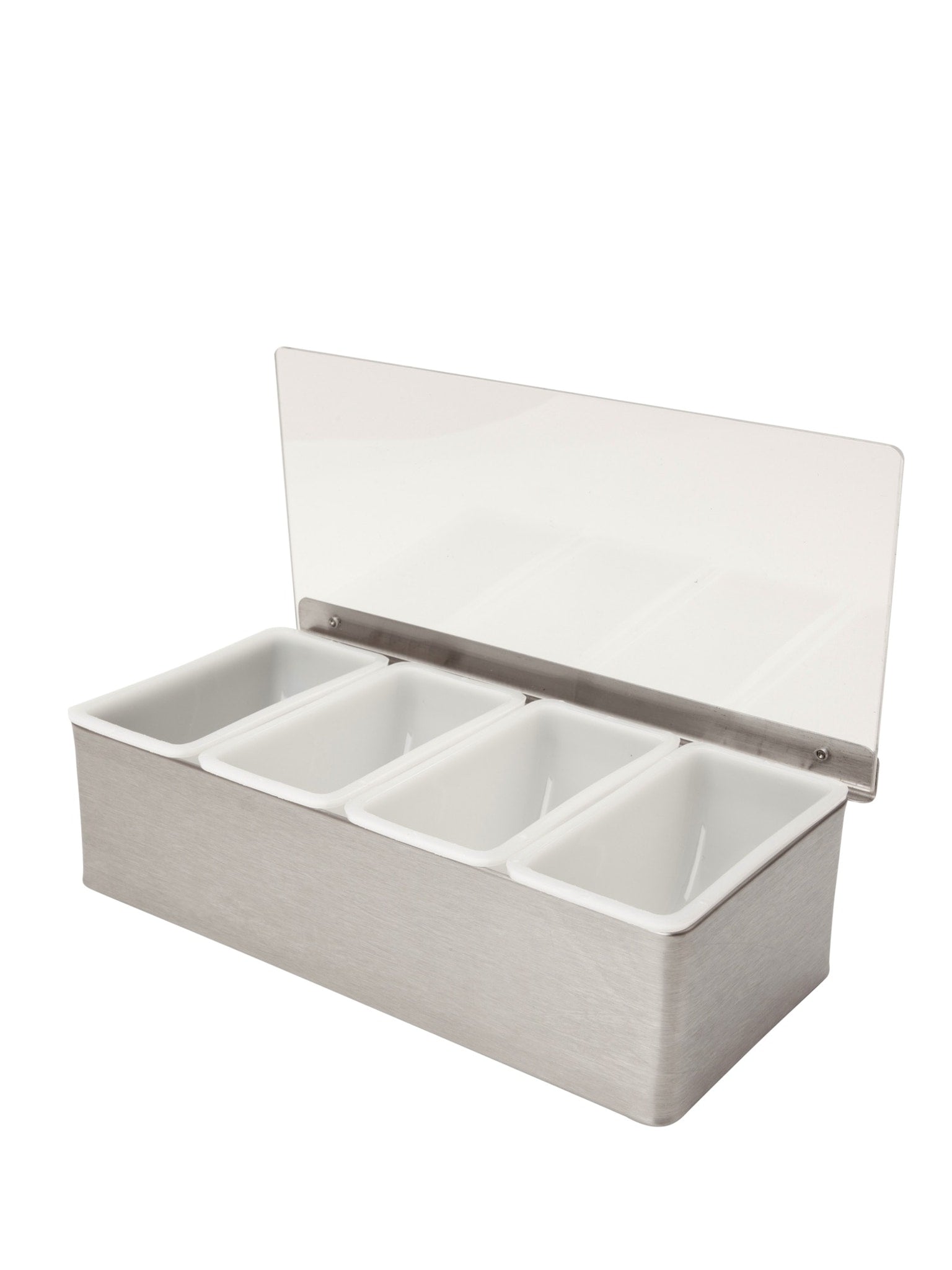 Keep your bartending tools organized with this stainless steel bar organizer with 4 compartments.