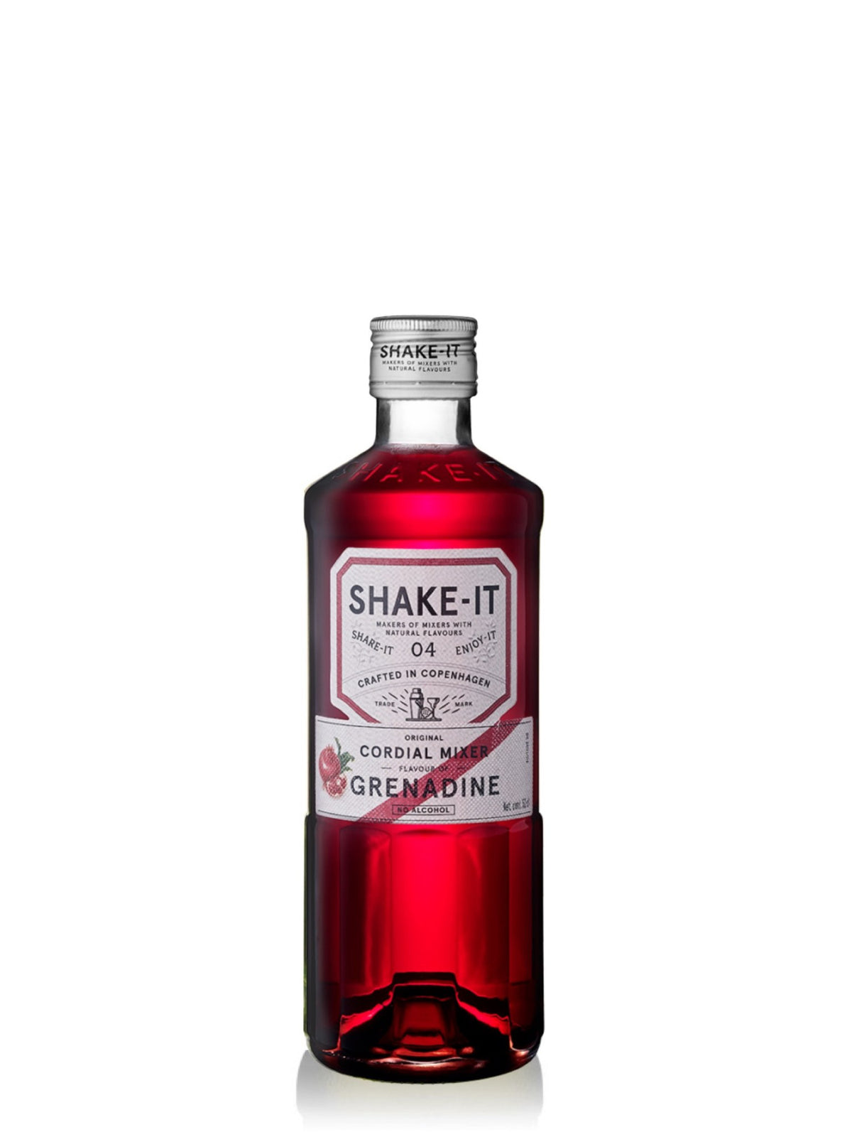 Shake-It grenadinesirup i en flaske, perfekt til at tilføje en sød og frugtagtig smag til dine drikke.